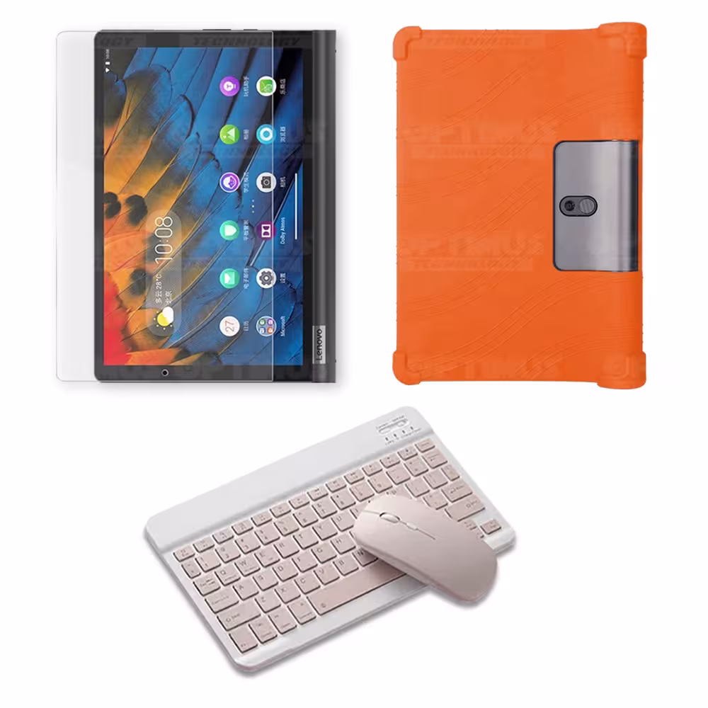 Kit Vidrio templado + Estuche Protector Goma + Teclado y Mouse Ratón Bluetooth para Tablet Lenovo Yoga Smart Tab Yt-x 705f OPTIM