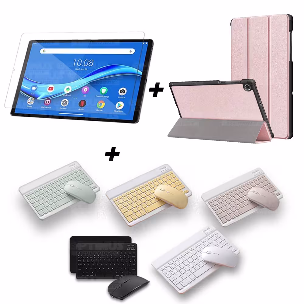 Kit Vidrio templado + Case Forro Protector + Teclado y Mouse Ratón Bluetooth para Tablet Lenovo M10 Plus Tb-x606f OPTIMUS TECHNO