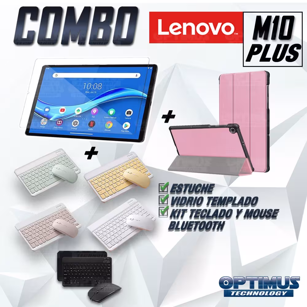 Kit Vidrio templado + Case Forro Protector + Teclado y Mouse Ratón Bluetooth para Tablet Lenovo M10 Plus Tb-x606f OPTIMUS TECHNO