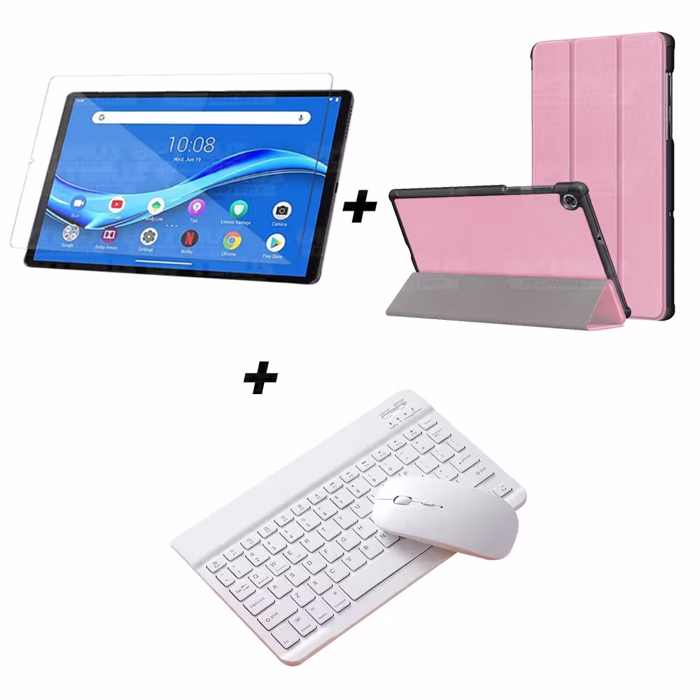 Kit Vidrio templado + Case Forro Protector + Teclado y Mouse Ratón Bluetooth para Tablet Lenovo M10 Plus Tb-x606f OPTIMUS TECHNO