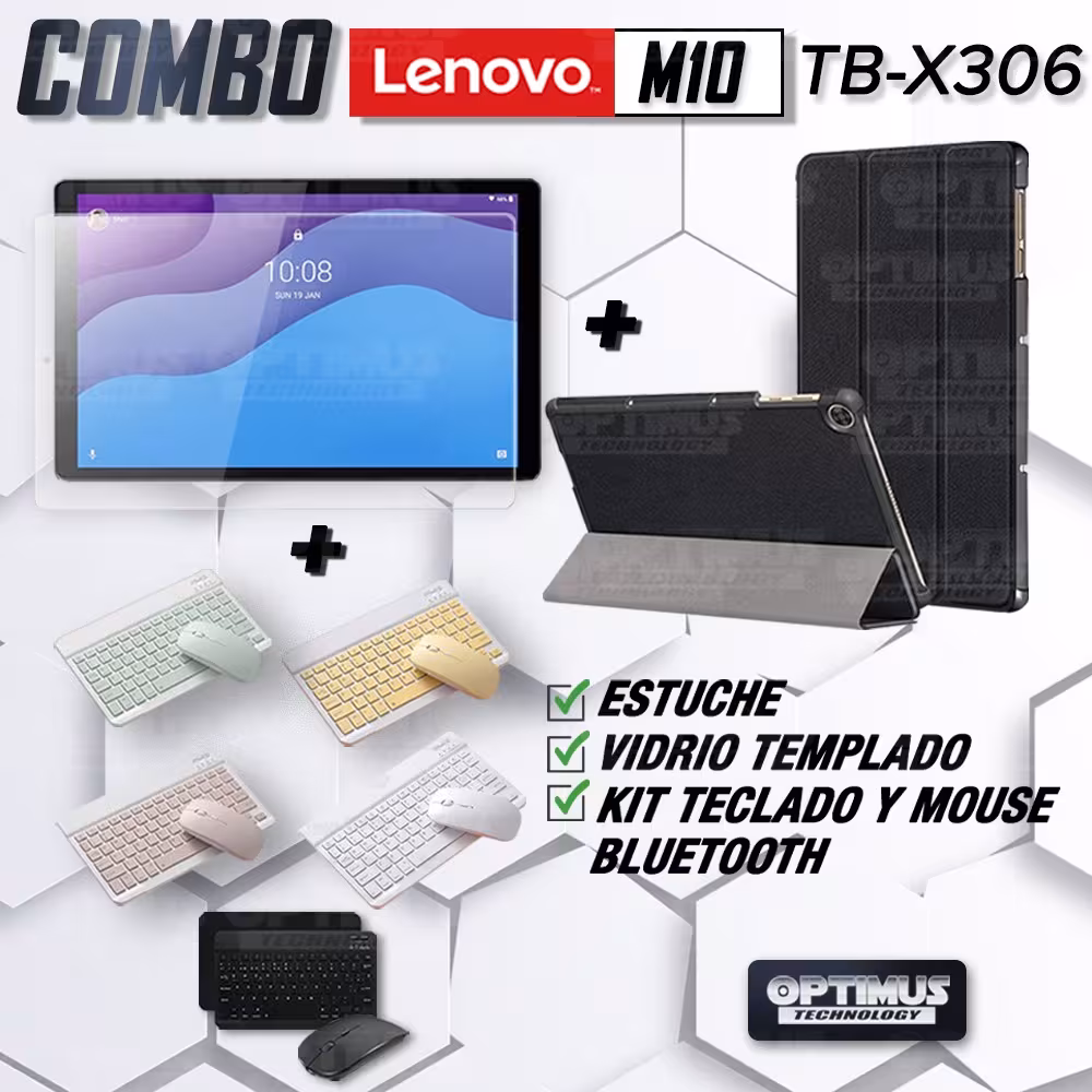 Kit Vidrio templado + Case Forro Protector + Teclado y Mouse Ratón Bluetooth para Tablet Lenovo M10 HD TB-X306 OPTIMUS TECHNOLOG