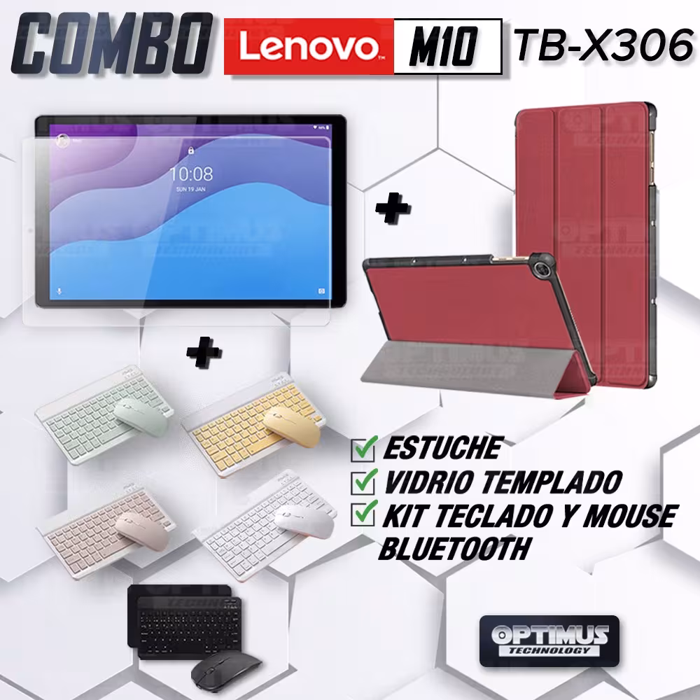 Kit Vidrio templado + Case Forro Protector + Teclado y Mouse Ratón Bluetooth para Tablet Lenovo M10 HD TB-X306 OPTIMUS TECHNOLOG