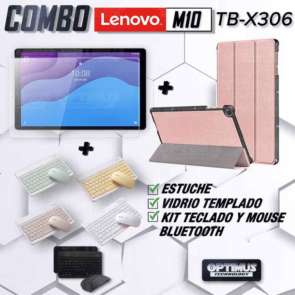 Kit Vidrio templado + Case Forro Protector + Teclado y Mouse Ratón Bluetooth para Tablet Lenovo M10 HD TB-X306 OPTIMUS TECHNOLOG