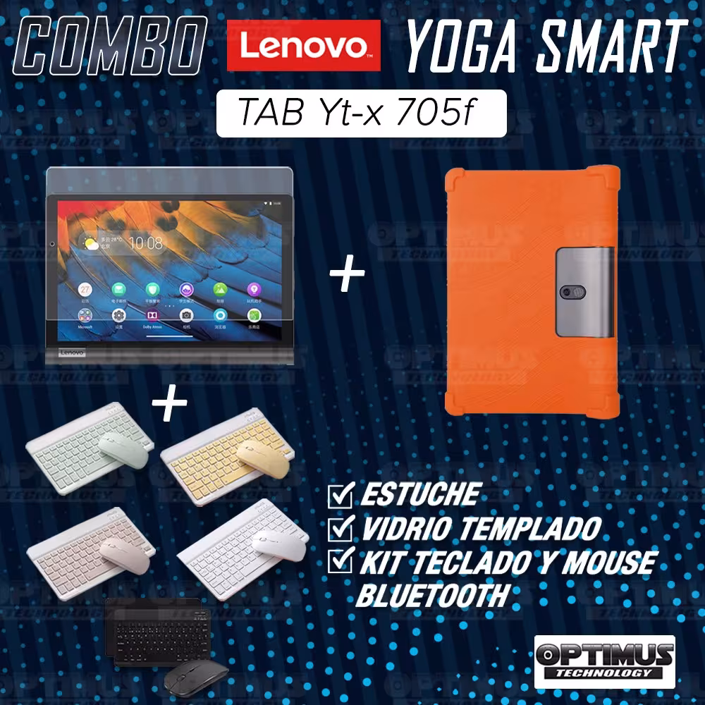 Kit Vidrio templado + Estuche Protector Goma + Teclado y Mouse Ratón Bluetooth para Tablet Lenovo Yoga Smart Tab Yt-x 705f OPTIM