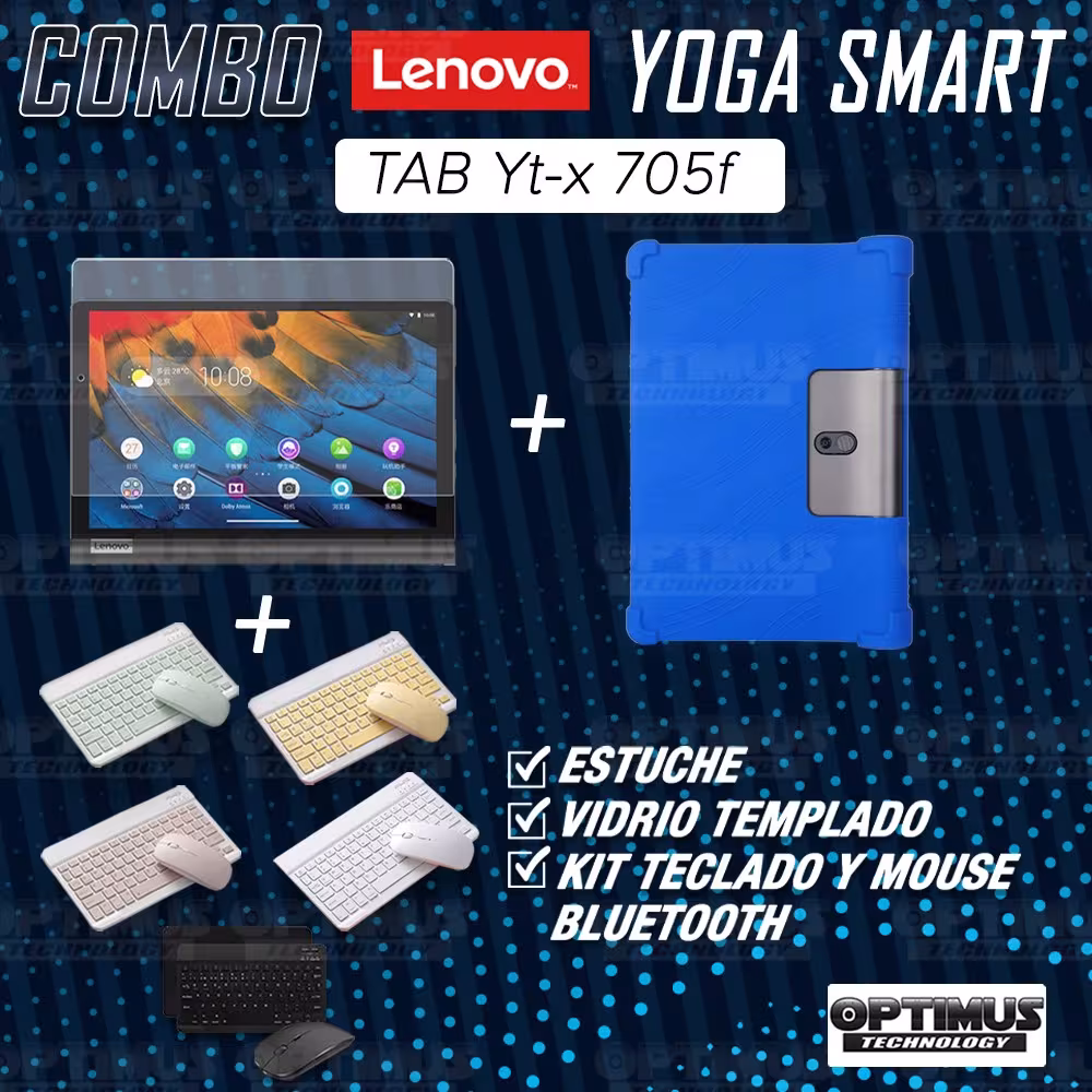 Kit Vidrio templado + Estuche Protector Goma + Teclado y Mouse Ratón Bluetooth para Tablet Lenovo Yoga Smart Tab Yt-x 705f OPTIM
