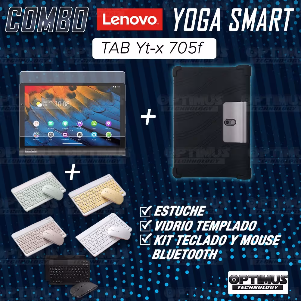 Kit Vidrio templado + Estuche Protector Goma + Teclado y Mouse Ratón Bluetooth para Tablet Lenovo Yoga Smart Tab Yt-x 705f OPTIM