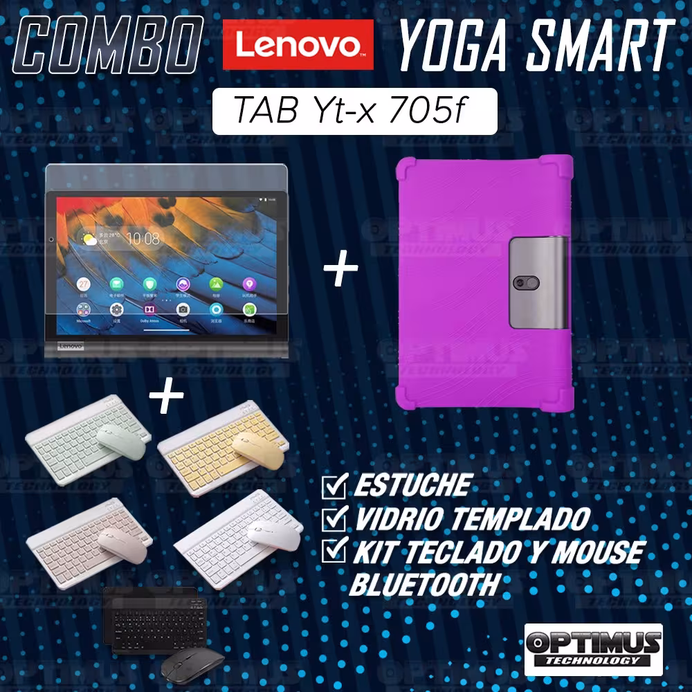 Kit Vidrio templado + Estuche Protector Goma + Teclado y Mouse Ratón Bluetooth para Tablet Lenovo Yoga Smart Tab Yt-x 705f OPTIM