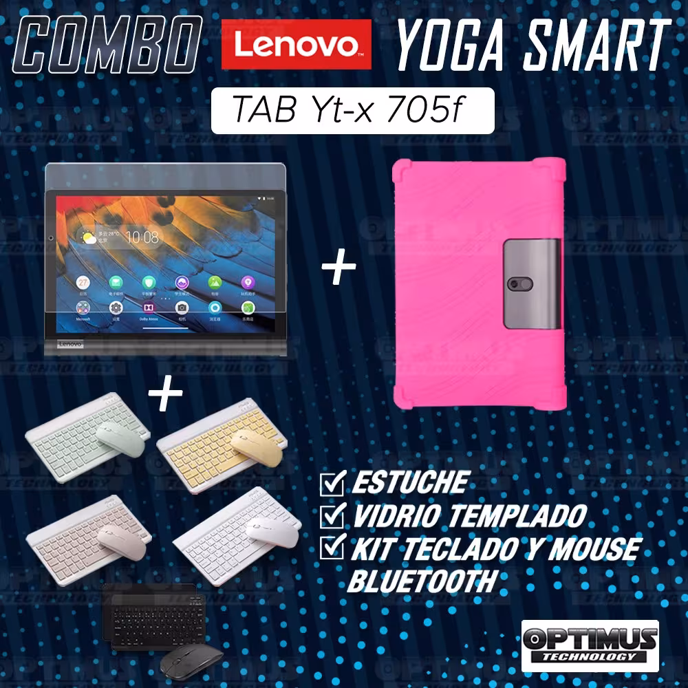 Kit Vidrio templado + Estuche Protector Goma + Teclado y Mouse Ratón Bluetooth para Tablet Lenovo Yoga Smart Tab Yt-x 705f OPTIM