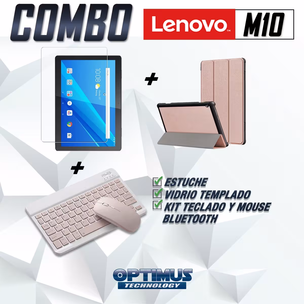 Kit Vidrio templado + Case Forro Protector + Teclado y Mouse Ratón Bluetooth para Tablet Lenovo m10 tb-x505f OPTIMUS TECHNOLOGY™
