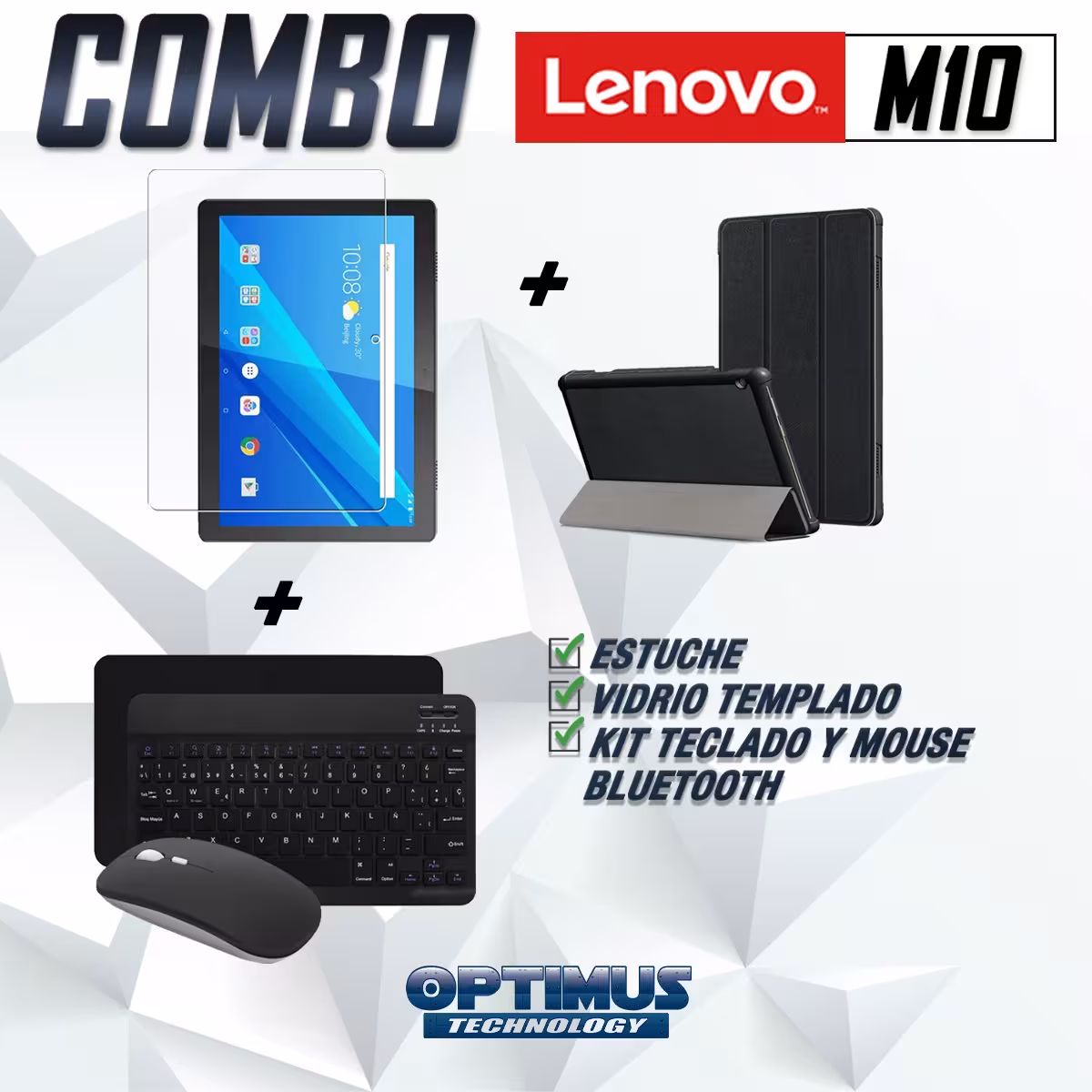 Kit Vidrio templado + Case Forro Protector + Teclado y Mouse Ratón Bluetooth para Tablet Lenovo m10 tb-x505f OPTIMUS TECHNOLOGY™