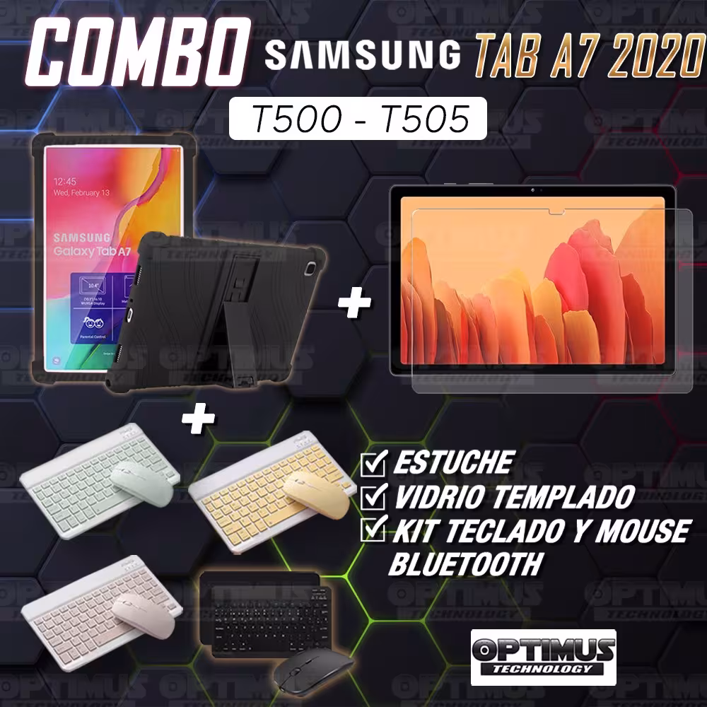 Kit Vidrio templado + Estuche Protector Goma + Teclado y Mouse Bluetooth para Tablet Samsung Galaxy Tab A7 10.4 2020 T500 - T505