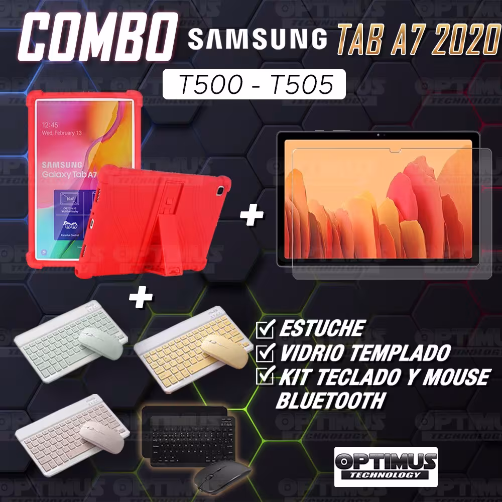 Kit Vidrio templado + Estuche Protector Goma + Teclado y Mouse Bluetooth para Tablet Samsung Galaxy Tab A7 10.4 2020 T500 - T505