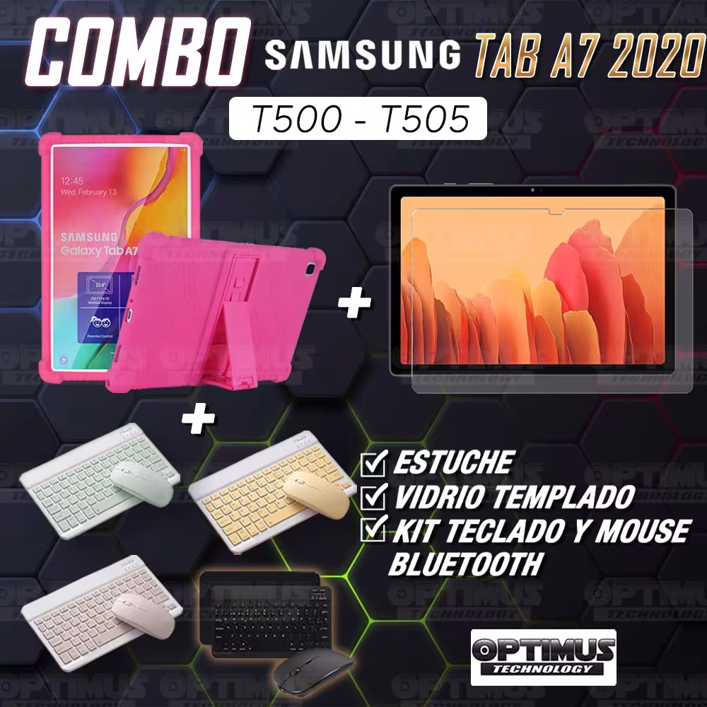 Kit Vidrio templado + Estuche Protector Goma + Teclado y Mouse Bluetooth para Tablet Samsung Galaxy Tab A7 10.4 2020 T500 - T505