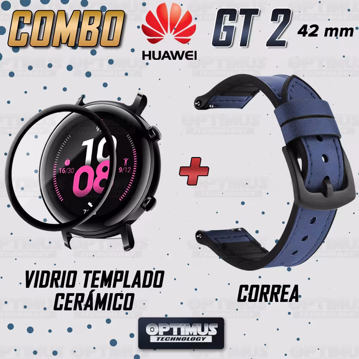 KIT Correa Manilla de cuero leather y Vidrio templado cerámico para Reloj Smartwatch Huawei GT2 42mm OPTIMUS TECHNOLOGY™ - 2