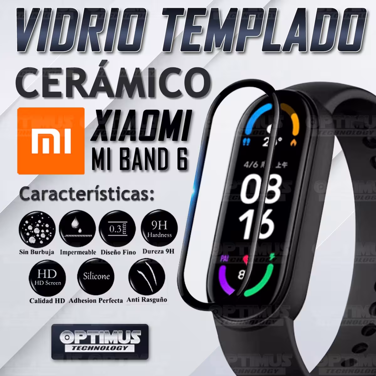 Vidrio Templado Protector Cerámico Para Reloj Smartwatch Xiaomi Mi Band 6 | OPTIMUS TECHNOLOGY™ | VTP-CR-XMI-MB6 |