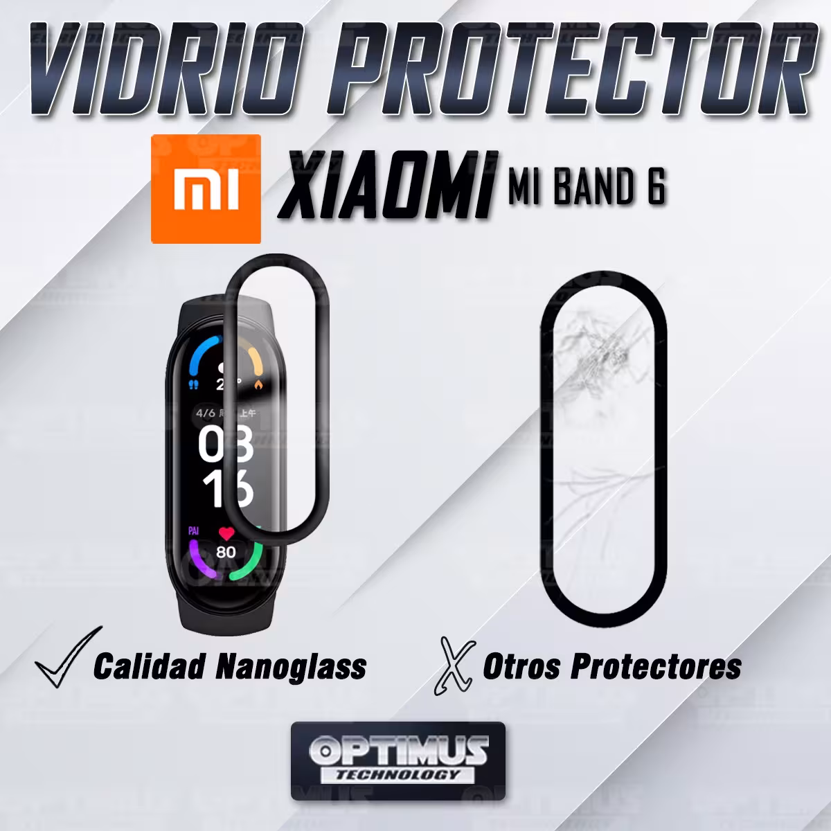 Vidrio Templado Protector Cerámico Para Reloj Smartwatch Xiaomi Mi Band 6 | OPTIMUS TECHNOLOGY™ | VTP-CR-XMI-MB6 |