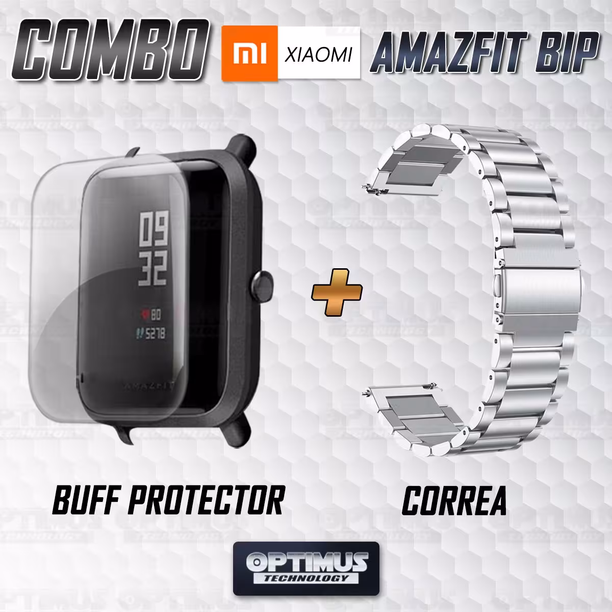 Buff Screen protector Y Correa De Metal Acero Inoxidable Smartwatch Reloj Inteligente Xiaomi Amazfit Bip OPTIMUS TECHNOLOGY™ - 1