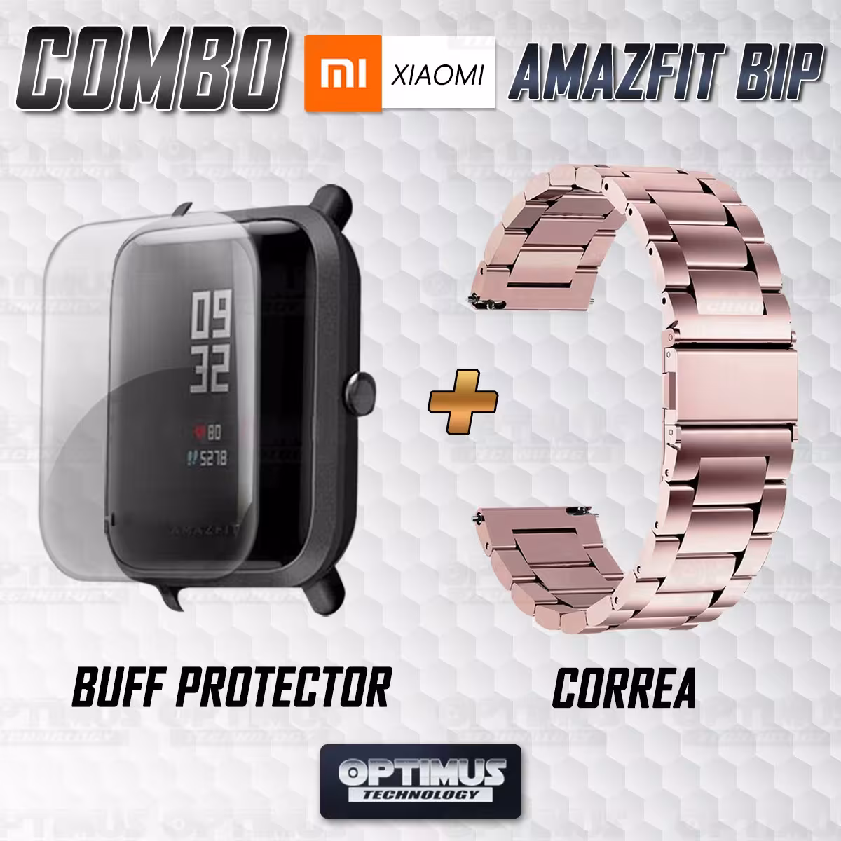 Buff Screen protector Y Correa De Metal Acero Inoxidable Smartwatch Reloj Inteligente Xiaomi Amazfit Bip OPTIMUS TECHNOLOGY™ - 1