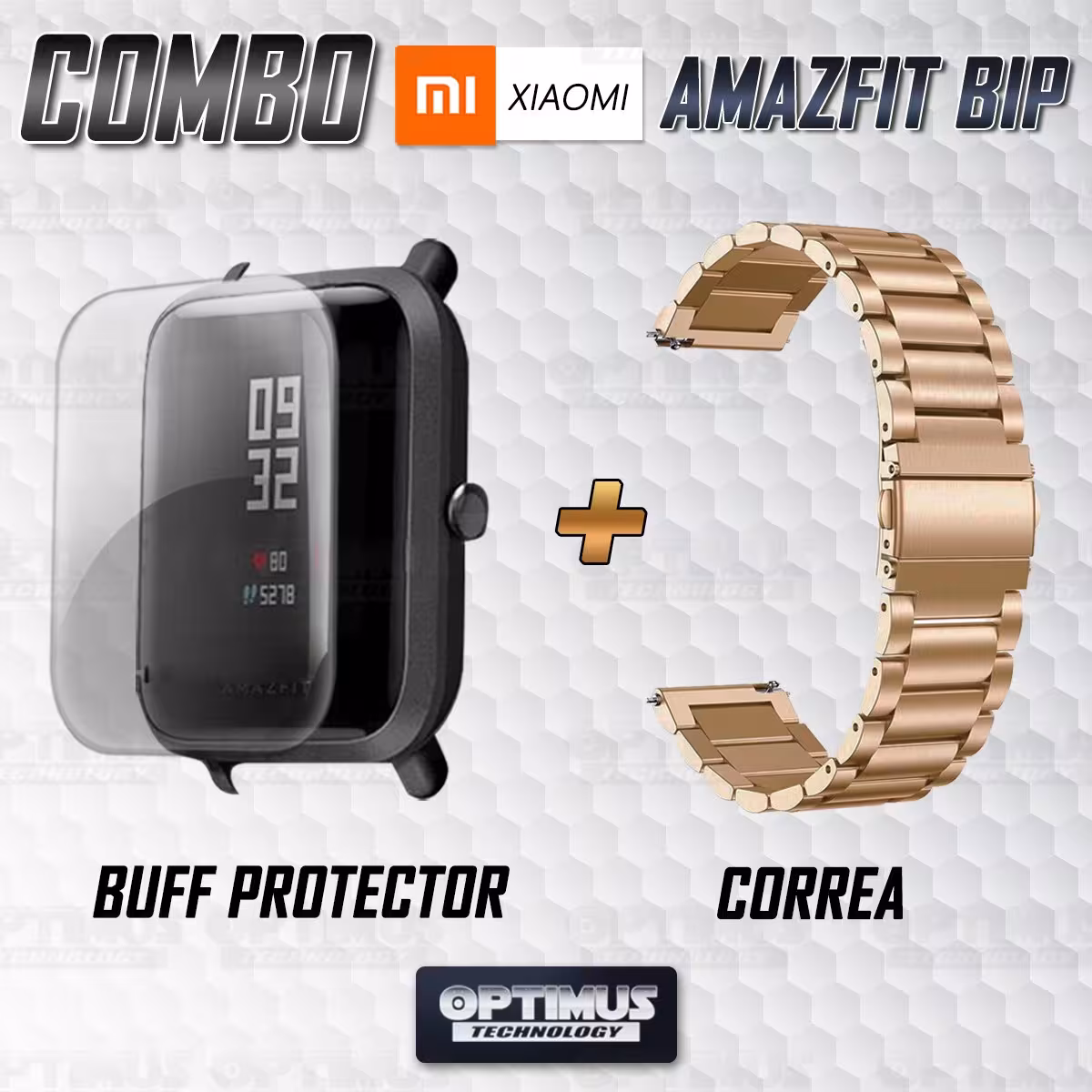 Buff Screen protector Y Correa De Metal Acero Inoxidable Smartwatch Reloj Inteligente Xiaomi Amazfit Bip OPTIMUS TECHNOLOGY™ - 1