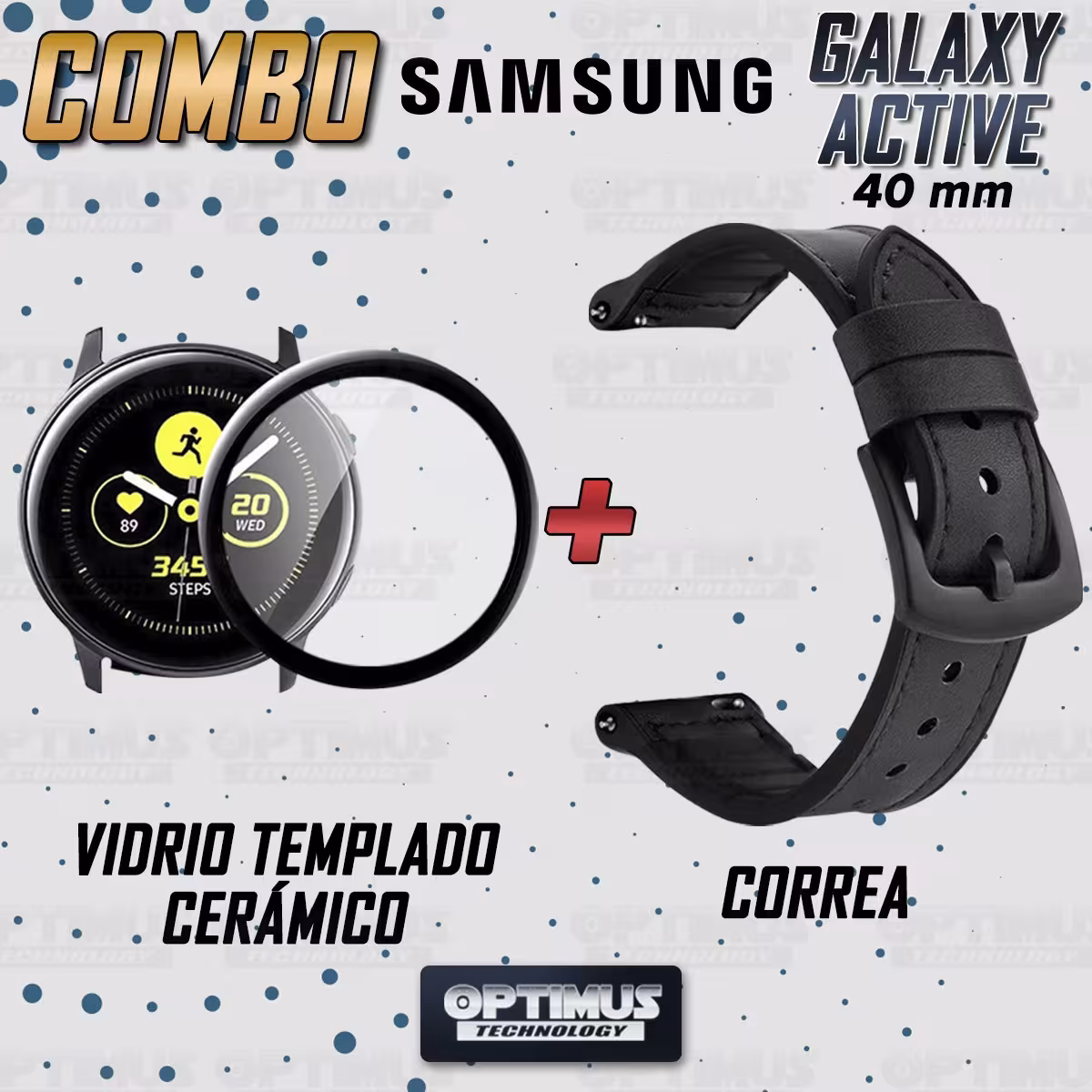 KIT Correa Manilla de cuero leather y Vidrio templado cerámico para Reloj Smartwatch Samsung Galaxy Active 40mm OPTIMUS TECHNOLO