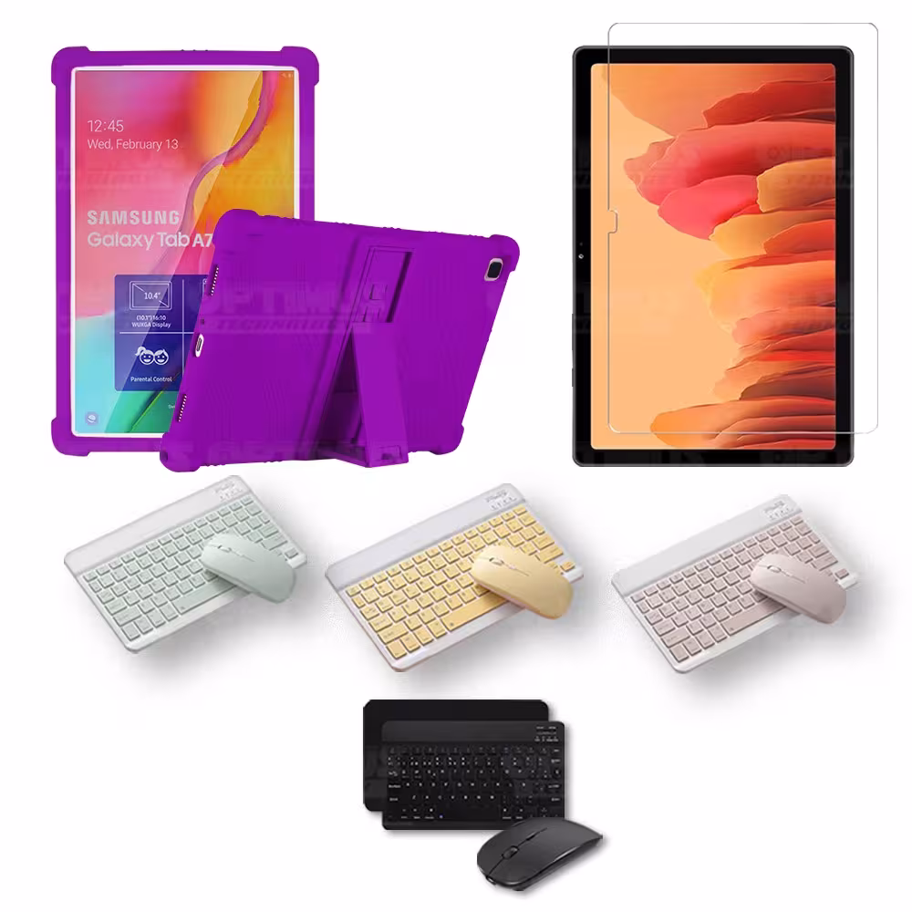 Kit Vidrio templado + Estuche Protector Goma + Teclado y Mouse Bluetooth para Tablet Samsung Galaxy Tab A7 10.4 2020 T500 - T505