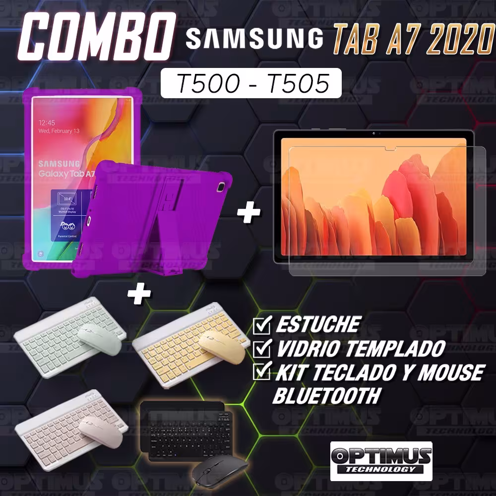 Kit Vidrio templado + Estuche Protector Goma + Teclado y Mouse Bluetooth para Tablet Samsung Galaxy Tab A7 10.4 2020 T500 - T505