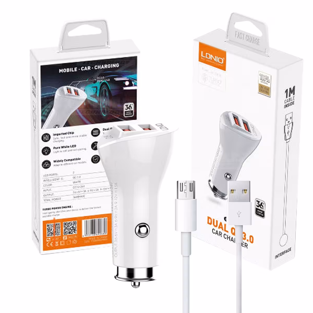 Cargador para carro automóvil Vehículos Camiones de dos puertos USB QC 3.0 con cable de datos LIDNIO Charger LDNIO / LONIO COLOM