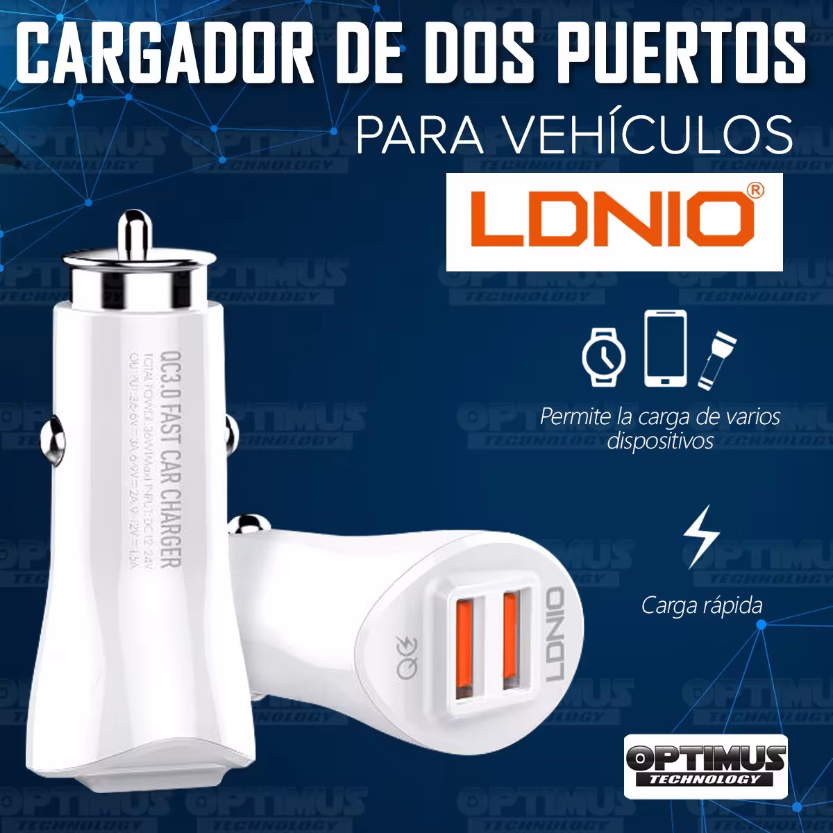 Cargador para carro automóvil Vehículos Camiones de dos puertos USB QC 3.0 con cable de datos LIDNIO Charger LDNIO / LONIO COLOM