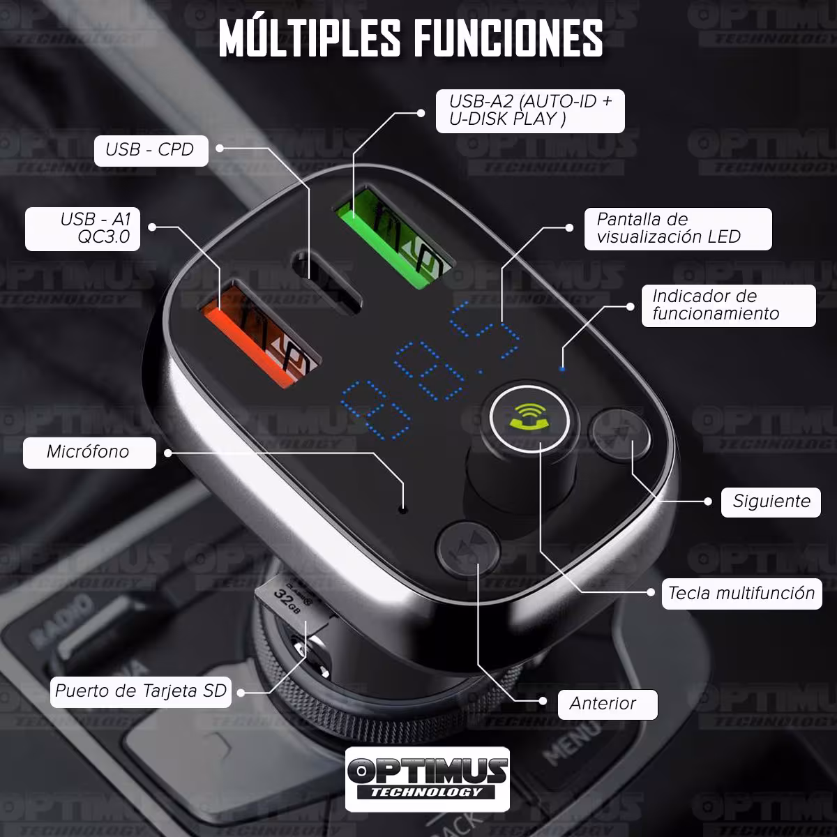 Cargador transmisor radio FM bluetooth 5.0 para carro automóvil Vehículos Camiones de tres puertos 2USB + 1Tipo C LIDNIO Charger