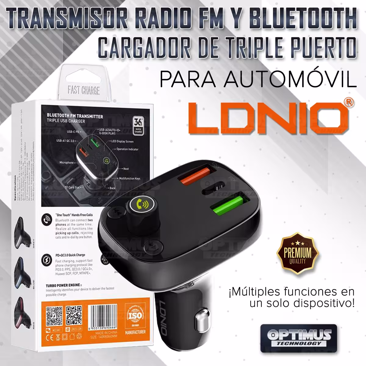 Cargador transmisor radio FM bluetooth 5.0 para carro automóvil Vehículos Camiones de tres puertos 2USB + 1Tipo C LIDNIO Charger