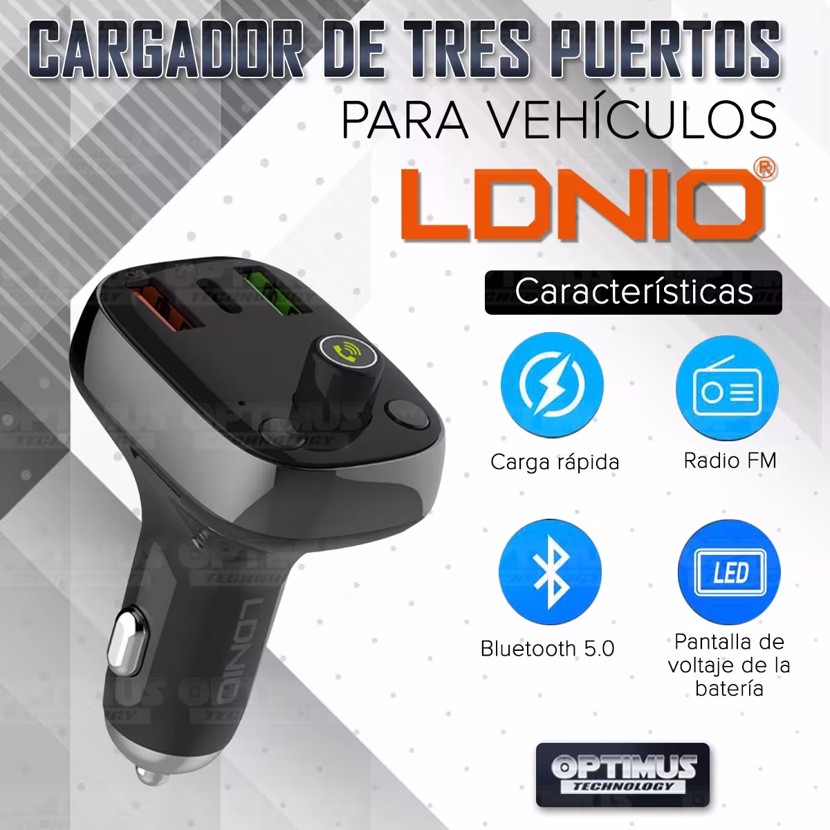 Cargador transmisor radio FM bluetooth 5.0 para carro automóvil Vehículos Camiones de tres puertos 2USB + 1Tipo C LIDNIO Charger