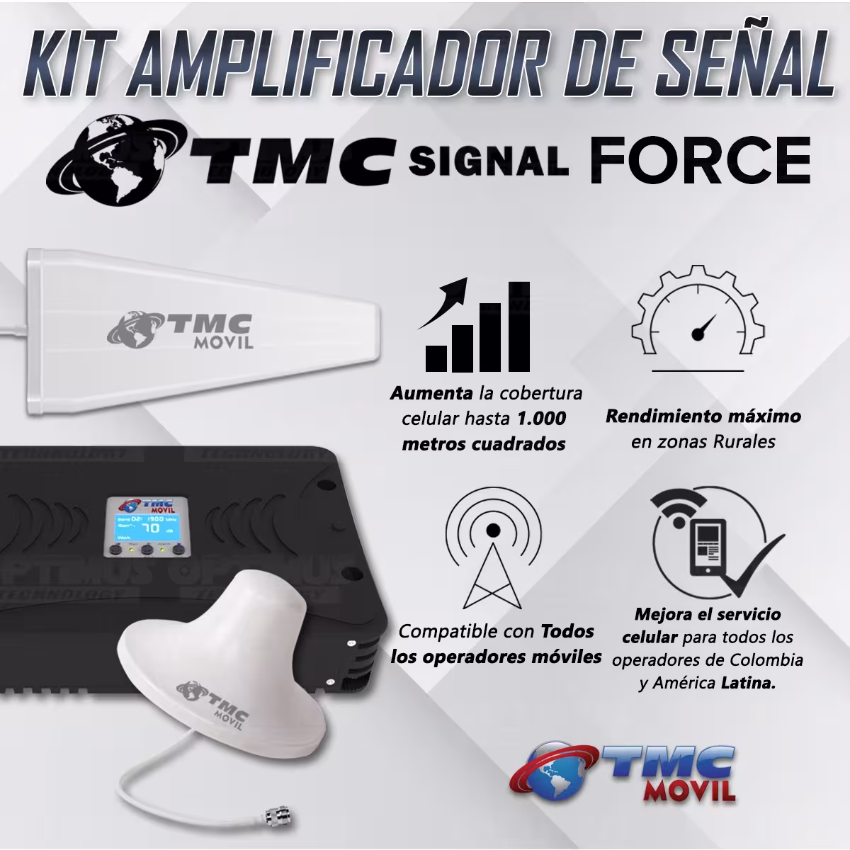 KIT Amplificador De Señal Celular TMC Signal FORCE Repetidor Redes 4GLTE con antenas | TMC MOVIL | 669553 |