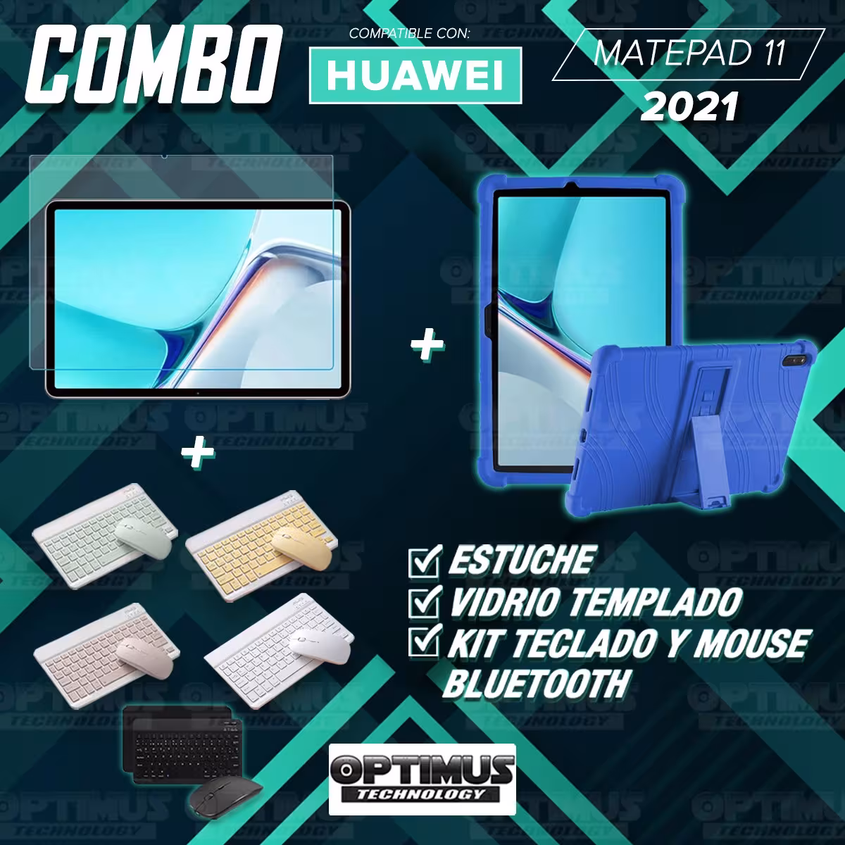 Kit Vidrio templado + Estuche Protector Goma + Teclado y Mouse Bluetooth para Tablet Huawei MatePad 11 2021 DBY-W09 - DBY-L09