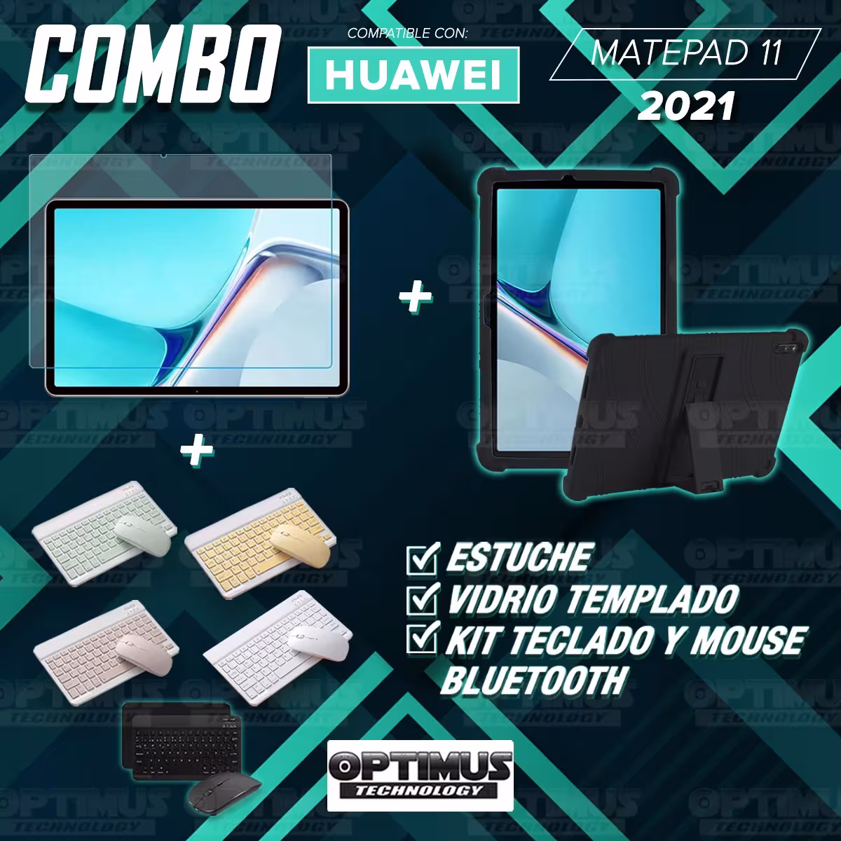 Kit Vidrio templado + Estuche Protector Goma + Teclado y Mouse Bluetooth para Tablet Huawei MatePad 11 2021 DBY-W09 - DBY-L09