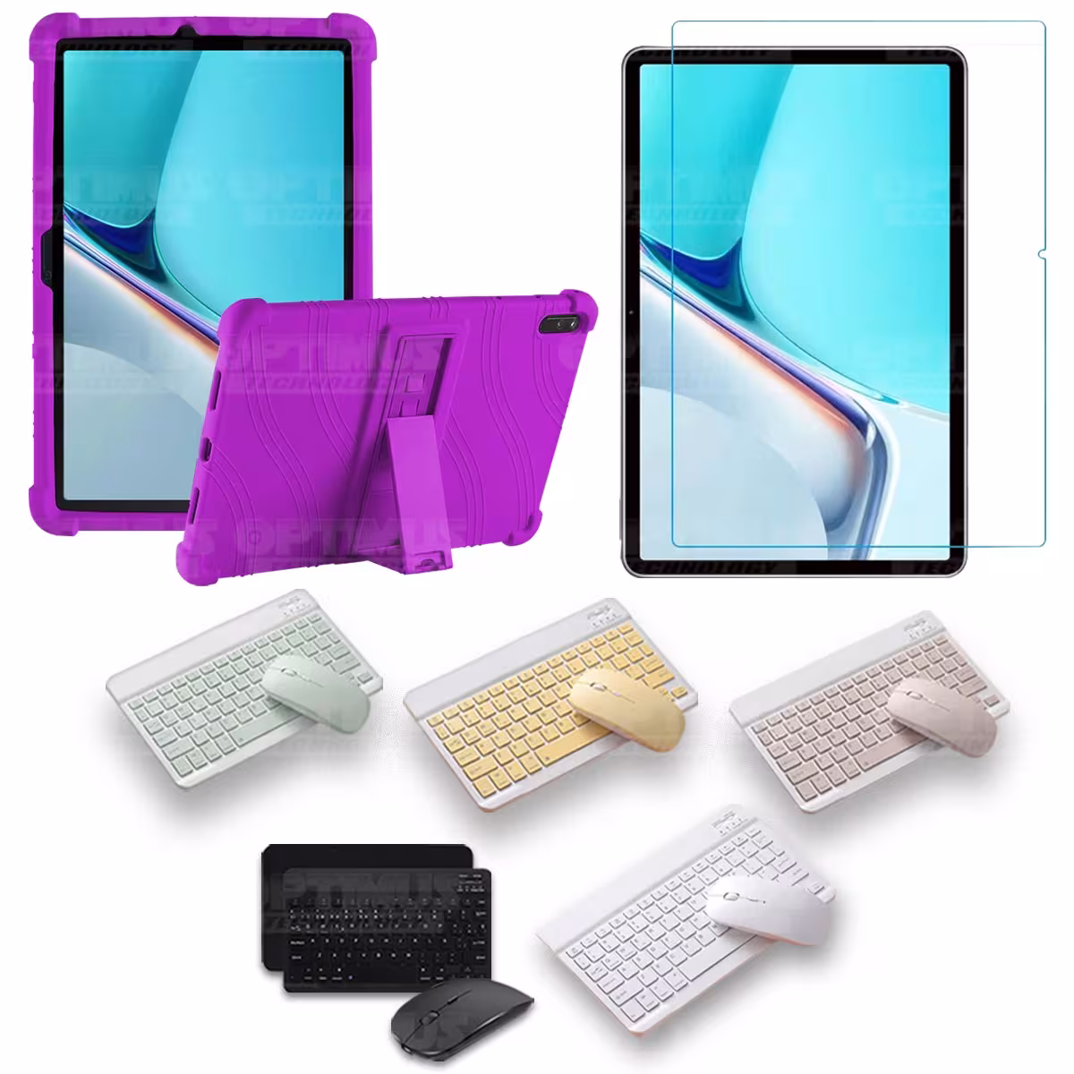 Kit Vidrio templado + Estuche Protector Goma + Teclado y Mouse Bluetooth para Tablet Huawei MatePad 11 2021 DBY-W09 - DBY-L09