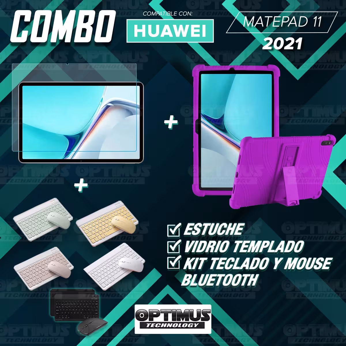 Kit Vidrio templado + Estuche Protector Goma + Teclado y Mouse Bluetooth para Tablet Huawei MatePad 11 2021 DBY-W09 - DBY-L09