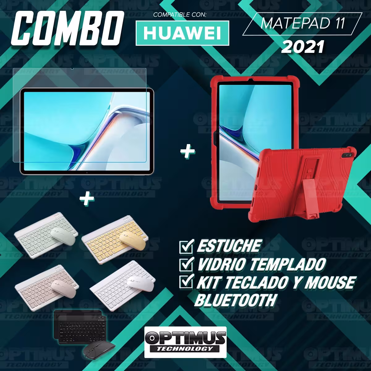 Kit Vidrio templado + Estuche Protector Goma + Teclado y Mouse Bluetooth para Tablet Huawei MatePad 11 2021 DBY-W09 - DBY-L09