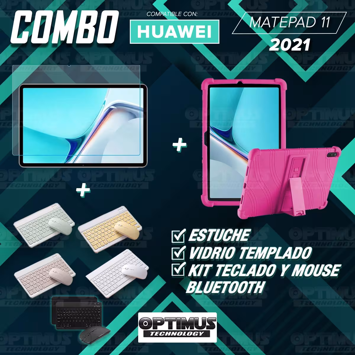 Kit Vidrio templado + Estuche Protector Goma + Teclado y Mouse Bluetooth para Tablet Huawei MatePad 11 2021 DBY-W09 - DBY-L09