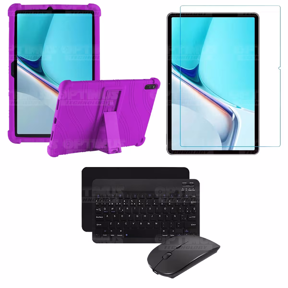 Kit Vidrio templado + Estuche Protector Goma + Teclado y Mouse Bluetooth para Tablet Huawei MatePad 11 2021 DBY-W09 - DBY-L09