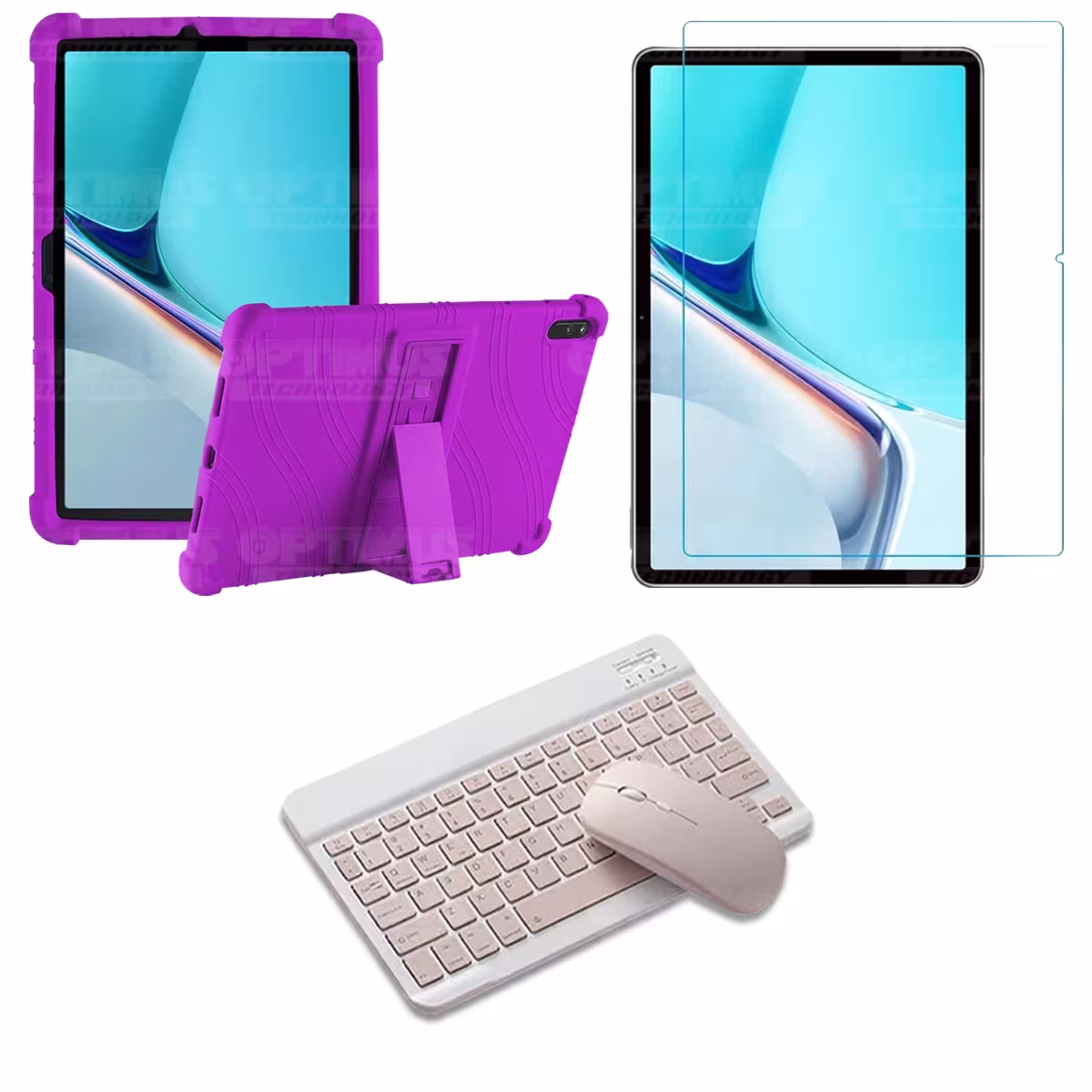 Kit Vidrio templado + Estuche Protector Goma + Teclado y Mouse Bluetooth para Tablet Huawei MatePad 11 2021 DBY-W09 - DBY-L09