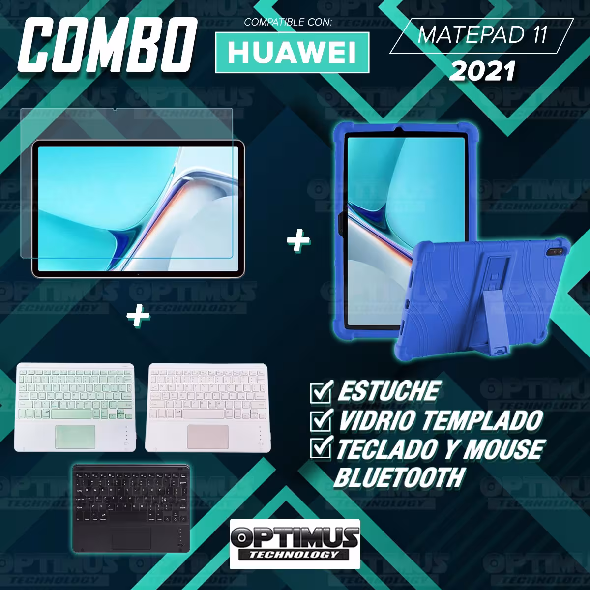 Kit Vidrio templado + Estuche Protector Goma + Teclado con Mouse Touchpad Bluetooth Tablet Huawei MatePad 11 2021 DBY-W09