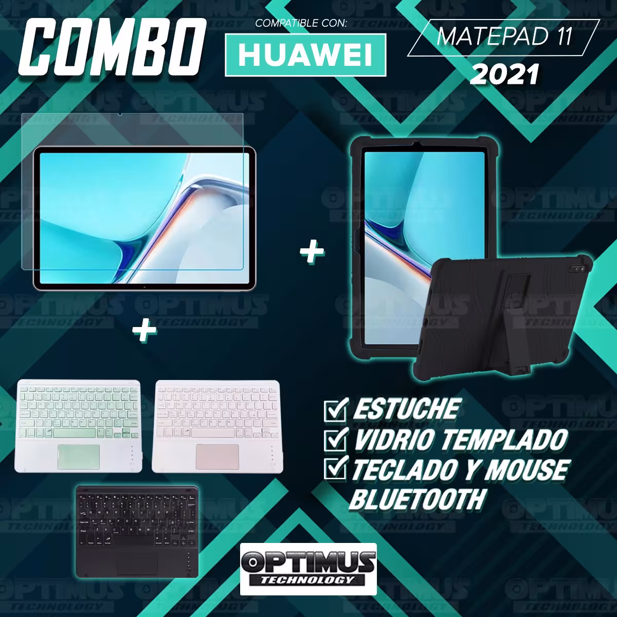 Kit Vidrio templado + Estuche Protector Goma + Teclado con Mouse Touchpad Bluetooth Tablet Huawei MatePad 11 2021 DBY-W09
