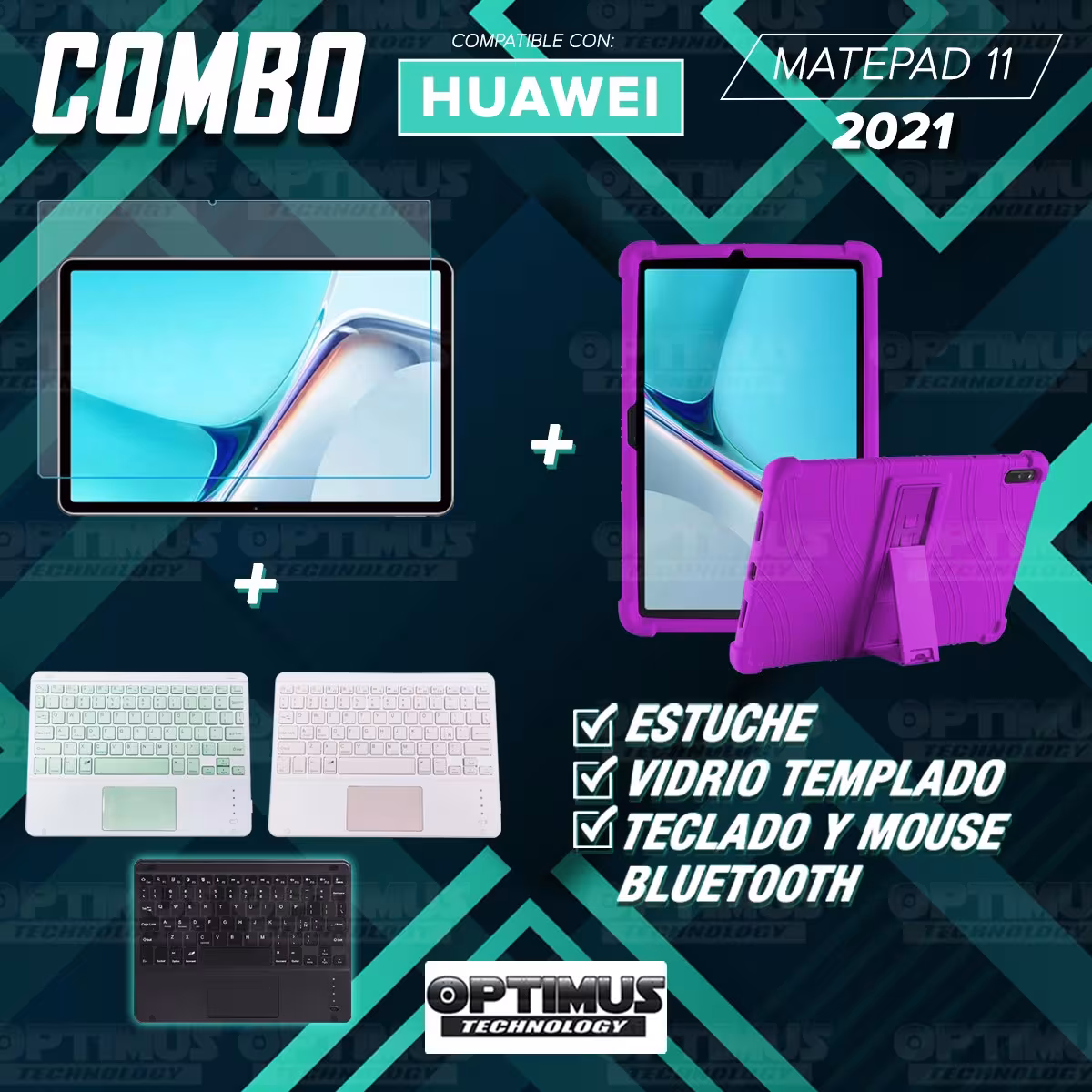 Kit Vidrio templado + Estuche Protector Goma + Teclado con Mouse Touchpad Bluetooth Tablet Huawei MatePad 11 2021 DBY-W09