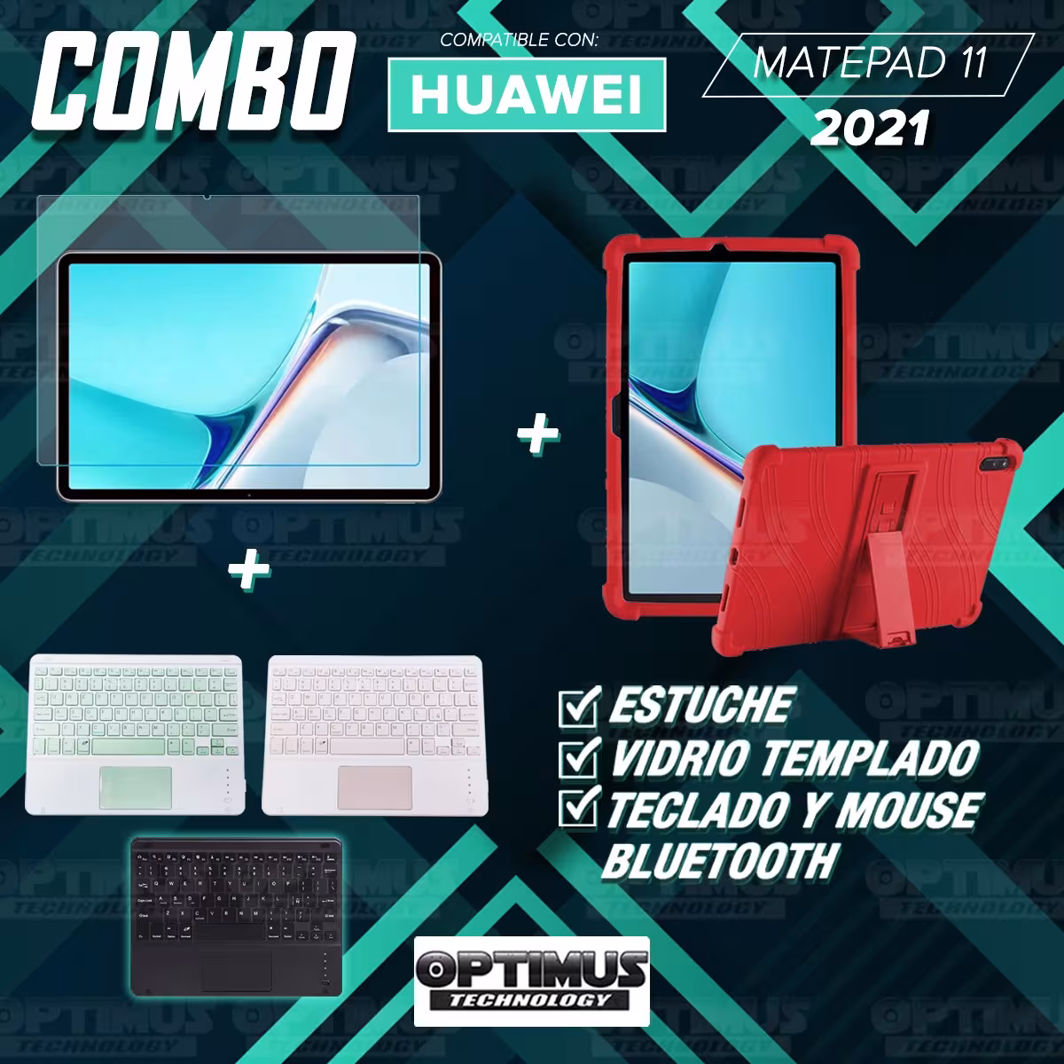 Kit Vidrio templado + Estuche Protector Goma + Teclado con Mouse Touchpad Bluetooth Tablet Huawei MatePad 11 2021 DBY-W09