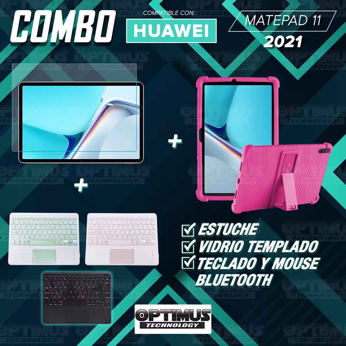 Kit Vidrio templado + Estuche Protector Goma + Teclado con Mouse Touchpad Bluetooth Tablet Huawei MatePad 11 2021 DBY-W09