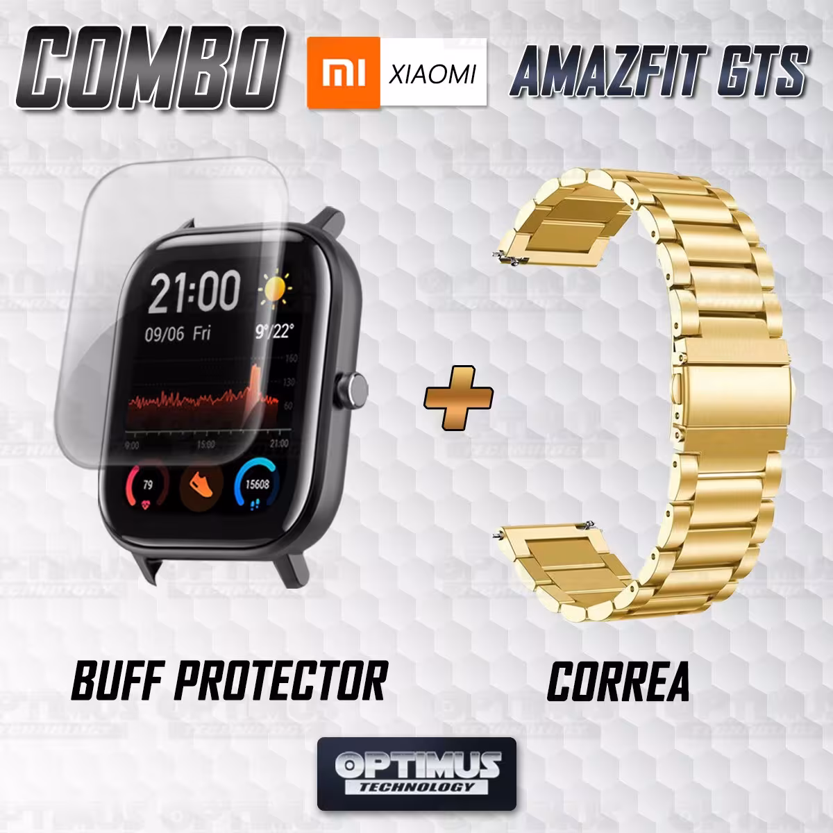 Buff Screen protector Y Correa De Metal Acero Inoxidable Smartwatch Reloj Inteligente Xiaomi Amazfit GTS OPTIMUS TECHNOLOGY™ - 2
