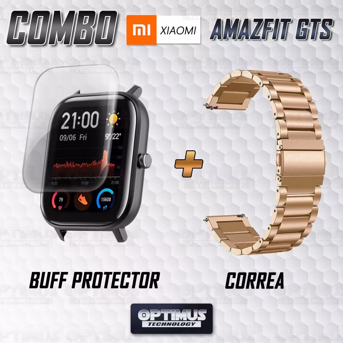 Buff Screen protector Y Correa De Metal Acero Inoxidable Smartwatch Reloj Inteligente Xiaomi Amazfit GTS OPTIMUS TECHNOLOGY™ - 1