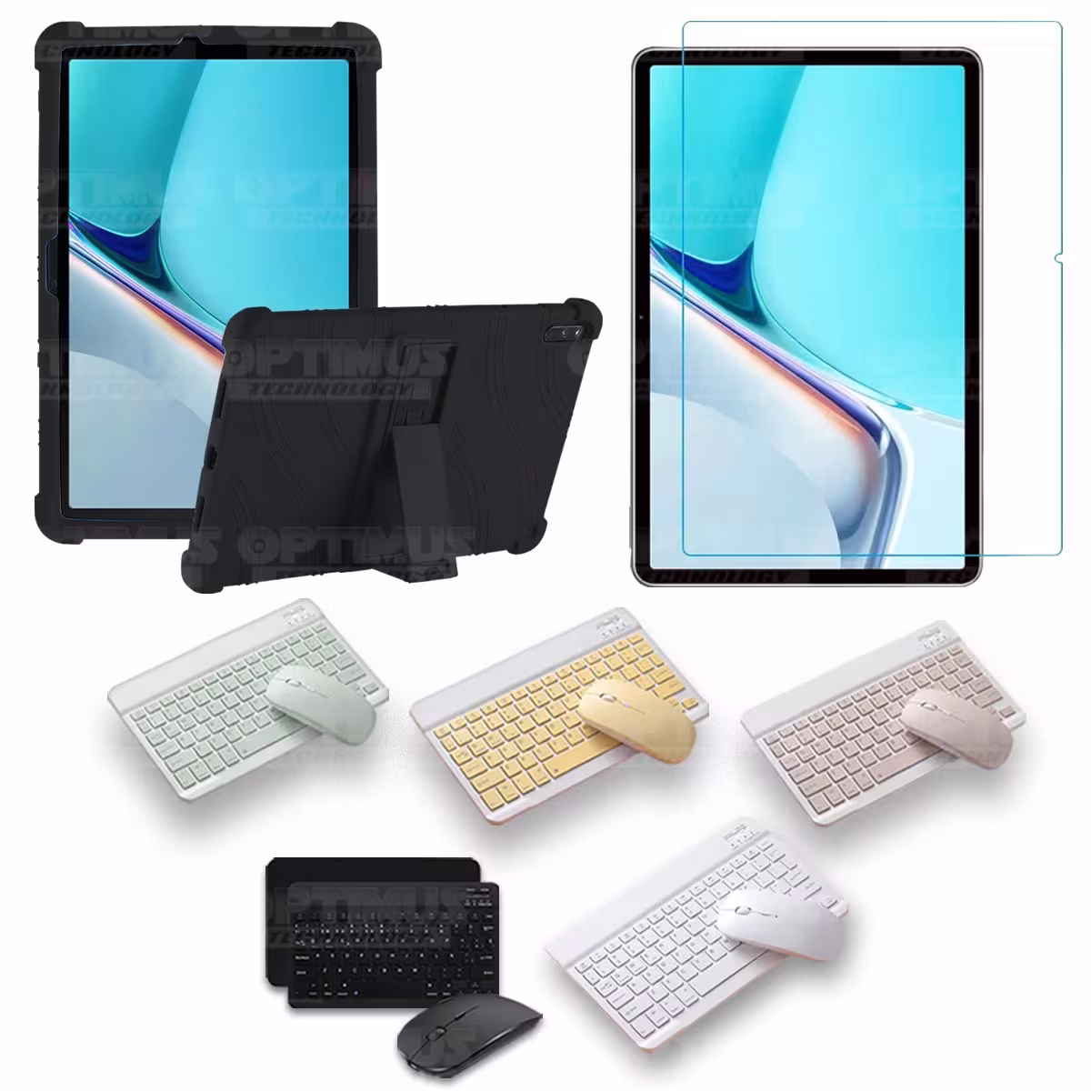 Kit Vidrio templado + Estuche Protector Goma + Teclado y Mouse Bluetooth para Tablet Huawei MatePad 11 2021 DBY-W09 - DBY-L09 OP