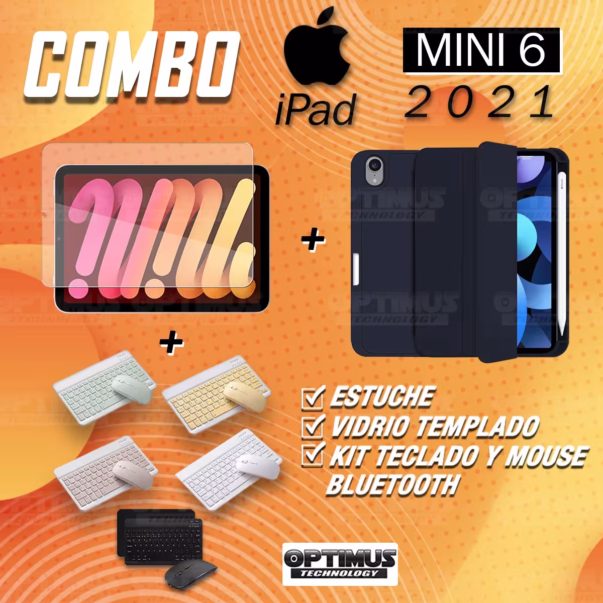 Kit Vidrio templado + Estuche Protector portalápiz + Teclado y Mouse Bluetooth para Tablet IPad Mini 6 2021 OPTIMUS TECHNOLOGY™