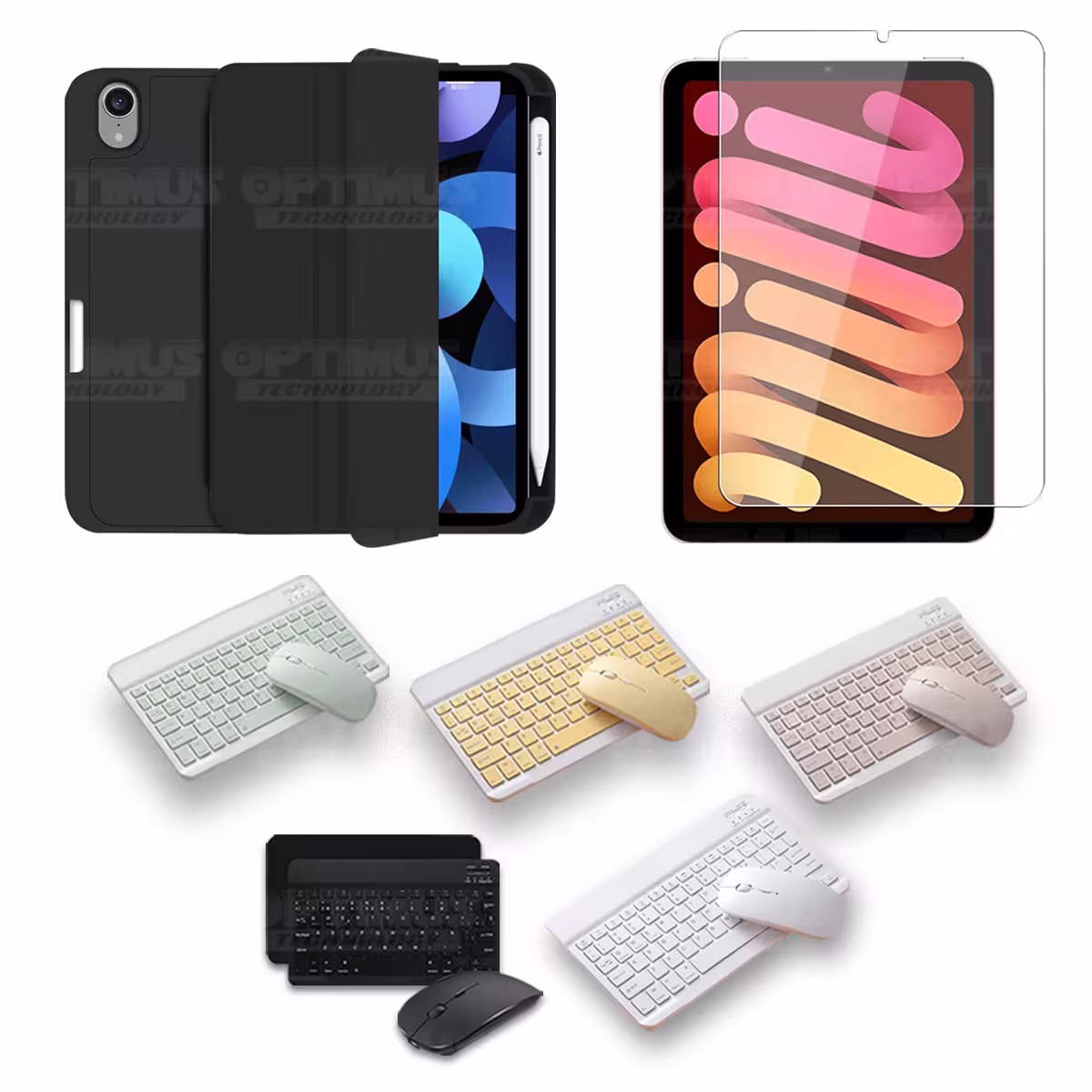 Kit Vidrio templado + Estuche Protector portalápiz + Teclado y Mouse Bluetooth para Tablet IPad Mini 6 2021 OPTIMUS TECHNOLOGY™